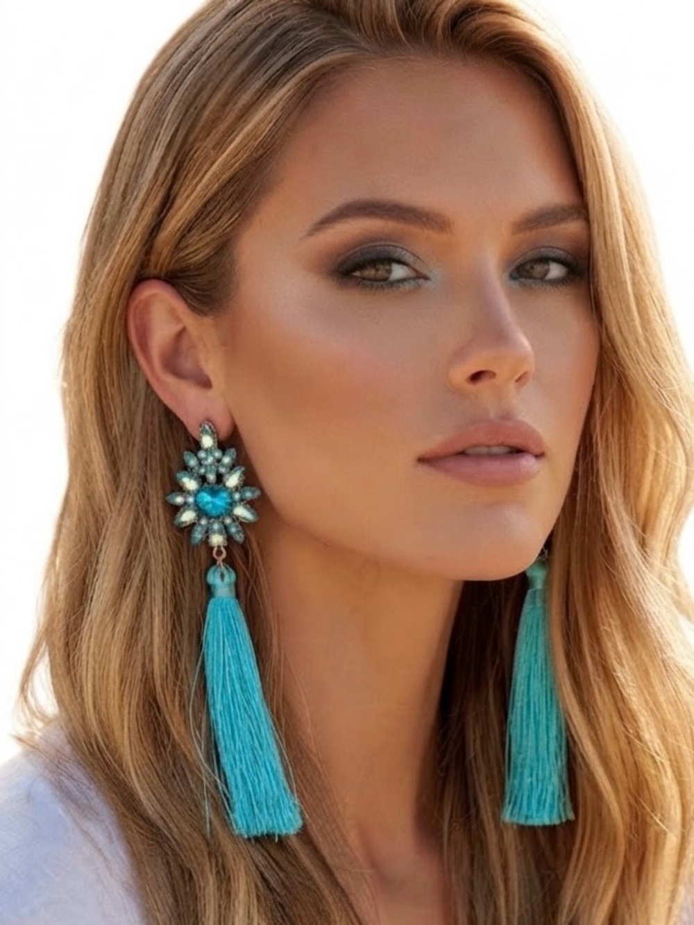 Rhinestone ocean blue tassel earrings